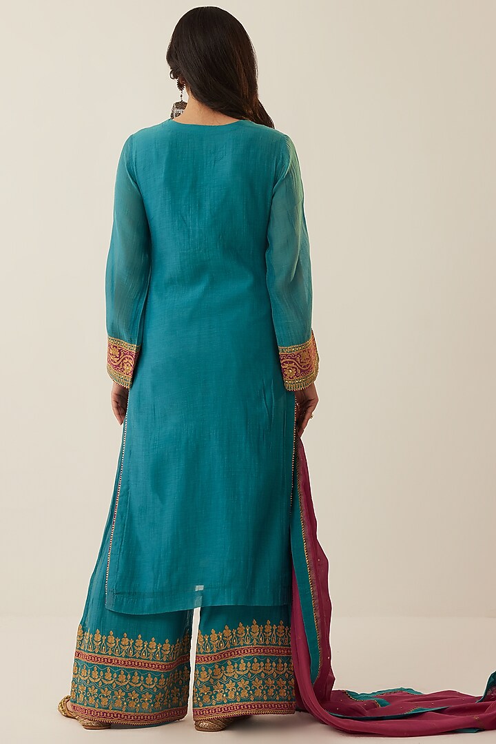 Teal Blue Chanderi Embroidered Kurta Set by Shrutkirti at Pernia's Pop Up Shop