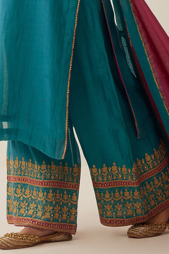 Teal Blue Chanderi Embroidered Kurta Set by Shrutkirti at Pernia's Pop Up Shop