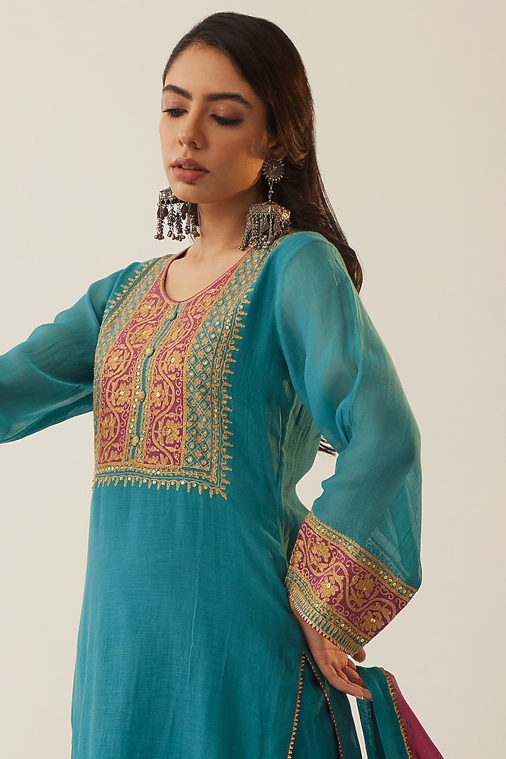 Teal Blue Chanderi Embroidered Kurta Set by Shrutkirti at Pernia's Pop Up Shop