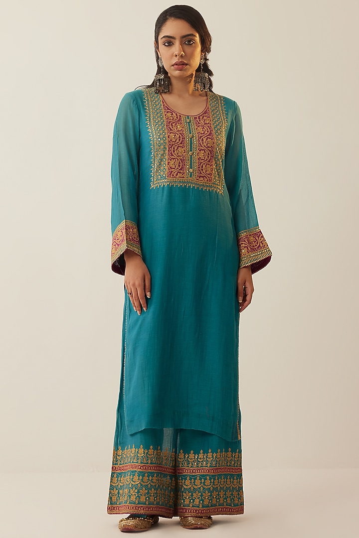 Teal Blue Chanderi Embroidered Kurta Set by Shrutkirti at Pernia's Pop Up Shop