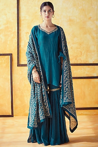 Teal Pure Chanderi Gharara Set by Shrutkirti