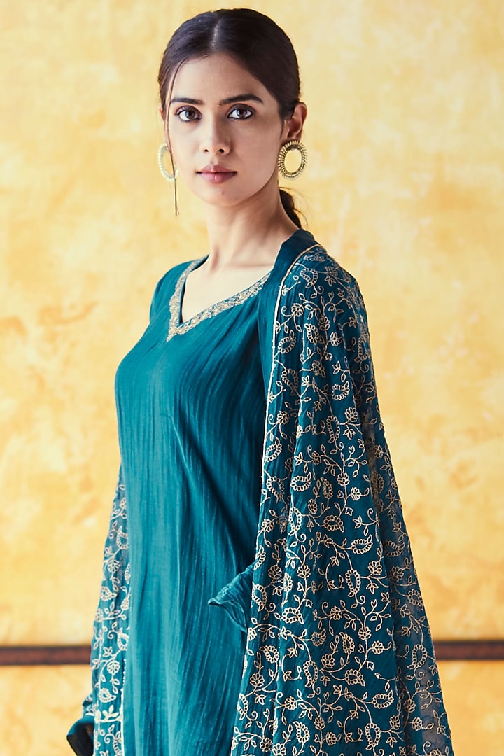 Teal Pure Chanderi Gharara Set by Shrutkirti at Pernia's Pop Up Shop