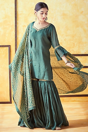 Peacock Green Pure Chanderi Gharara Set by Shrutkirti at Pernia's Pop Up Shop