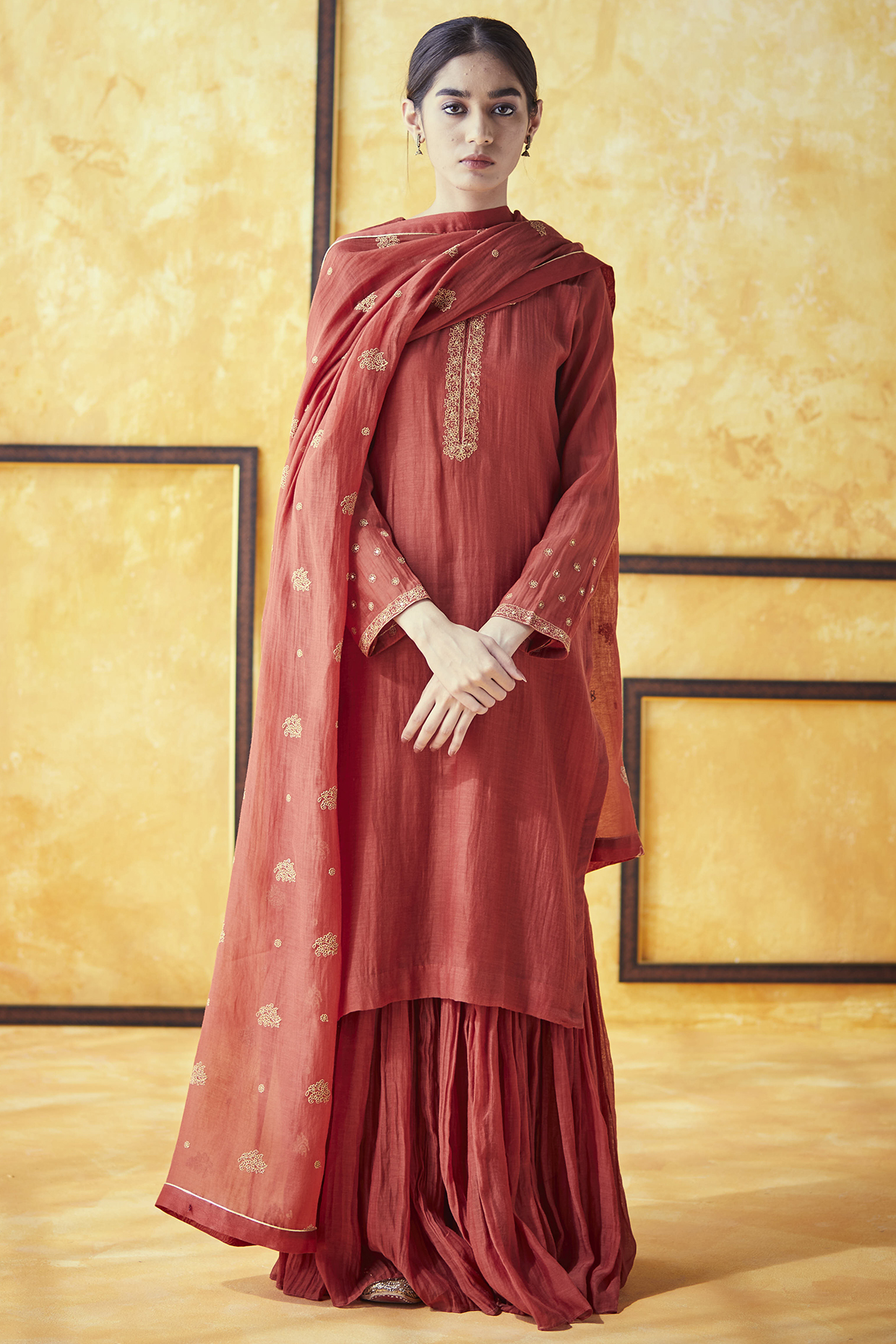 Rust Orange Pure Chanderi Sharara Set by Shrutkirti at Pernia's Pop Up Shop
