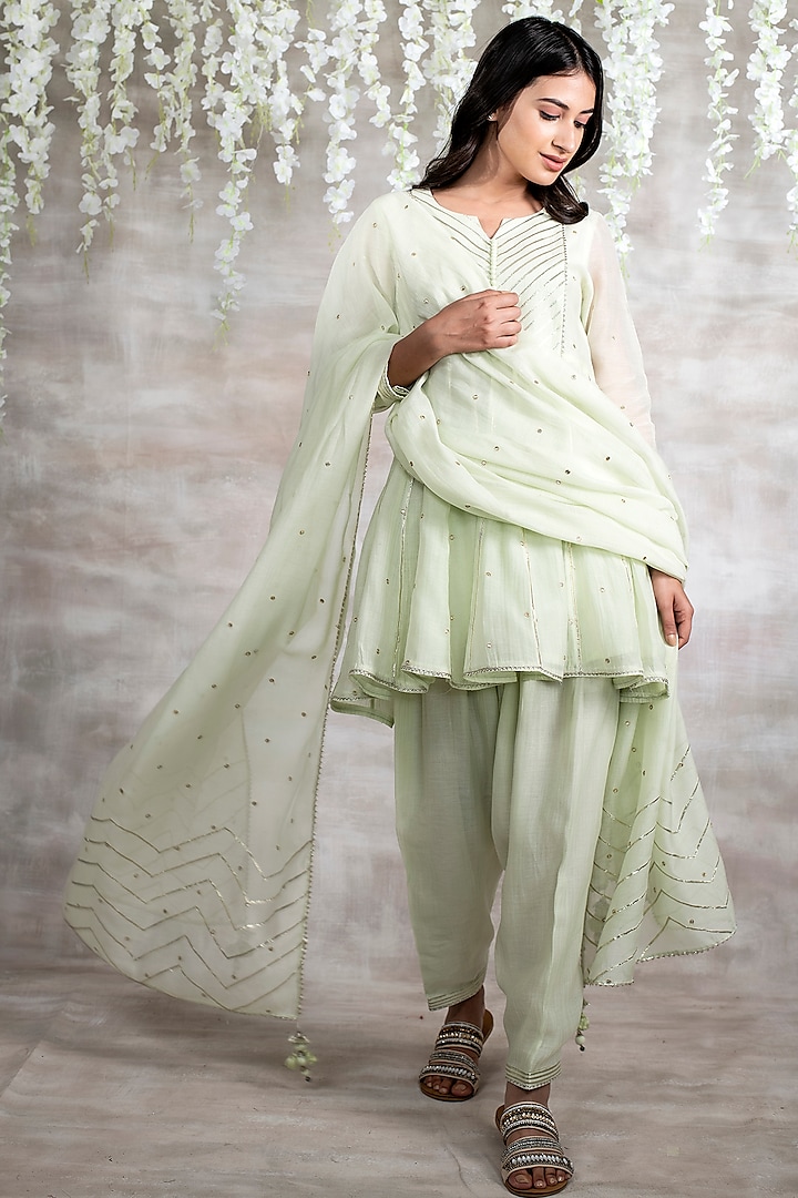 Pastel Green Pure Chanderi Kurta Set by Shrutkirti at Pernia's Pop Up Shop