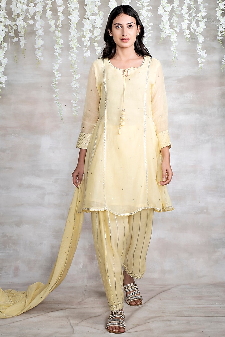 Yellow Pure Chanderi Kali Kurta Set by Shrutkirti at Pernia's Pop Up Shop