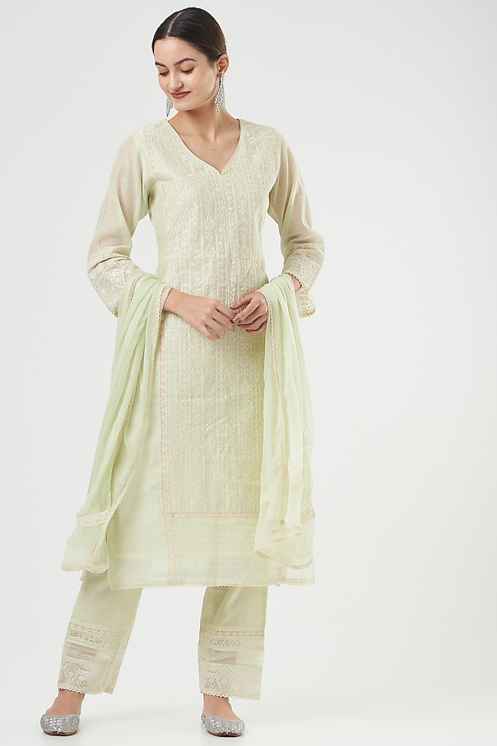 Light Green Cotton Chanderi Kurta Set by Shrutkirti at Pernia's Pop Up Shop