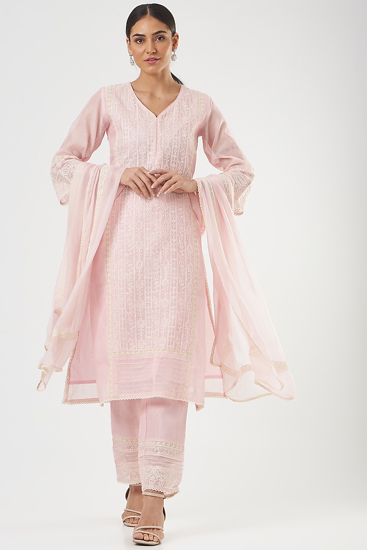 Pink Cotton Chanderi Kurta Set by Shrutkirti