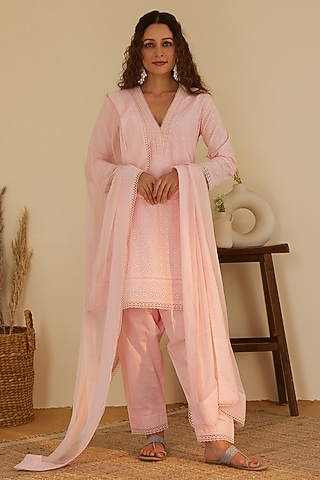 Pink Pure Cotton Kurta Set by Shrutkirti