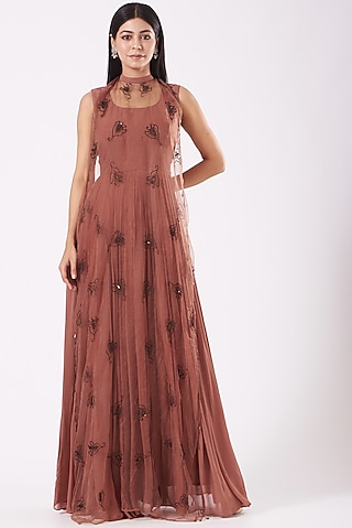Nude Brown Hand Embroidered Anarkali Set by Shruti Goyal