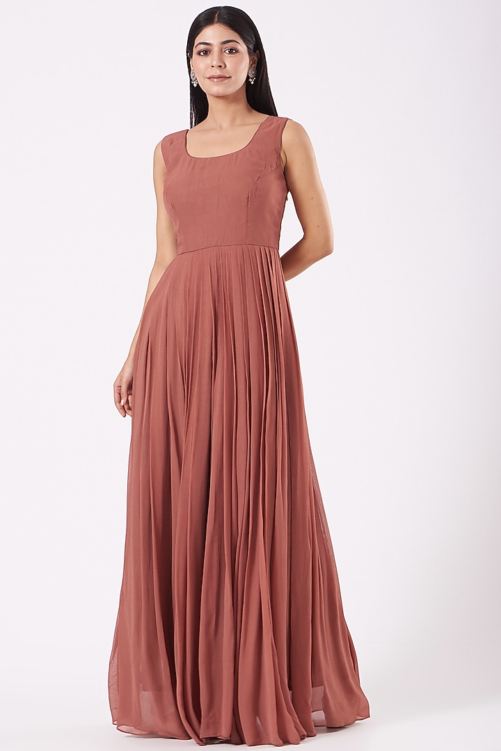 Nude Brown Hand Embroidered Party Wear Anarkali Set by Shruti Goyal at Pernia's Pop Up Shop