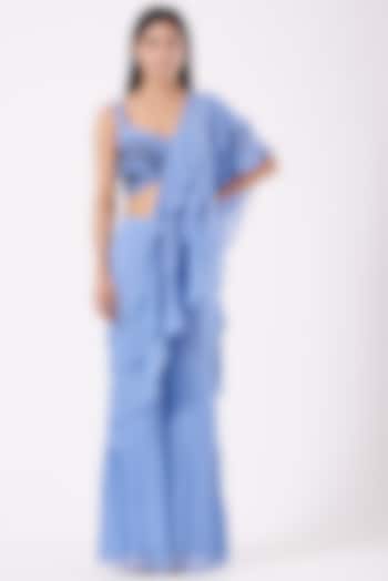 Powder Blue Georgette Layered Draped Pant Saree Set by Shruti Goyal