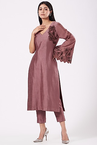 Dark Nude Raw Silk Kurta Set by Shruti Goyal