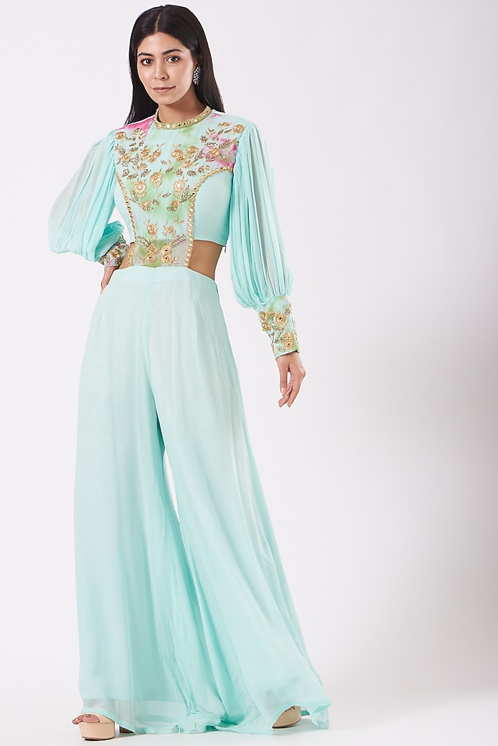 Sea Green Hand Embroidered Jumpsuit by Shruti Goyal