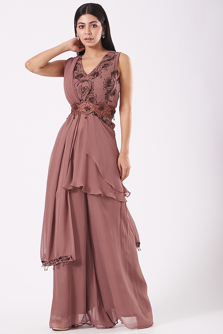 Dark Nude Georgette Tunic Set by Shruti Goyal at Pernia's Pop Up Shop