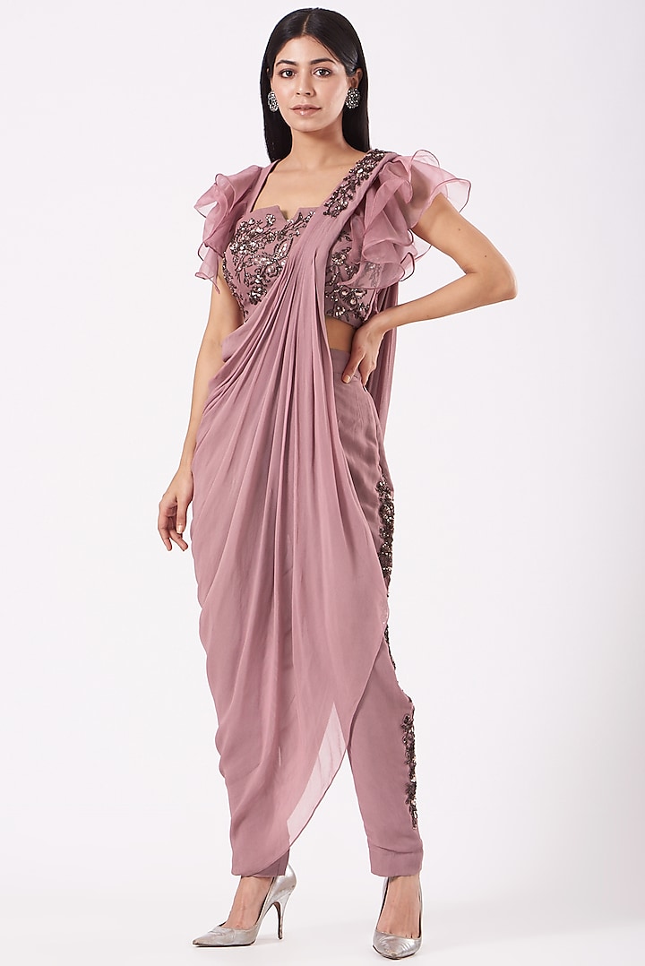 Dusty Pink Georgette Draped Pant Set by Shruti Goyal