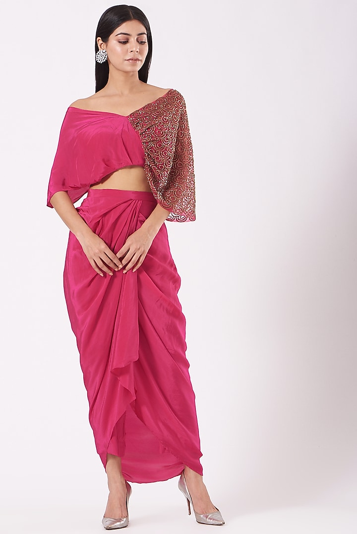 Hot Pink Crepe Draped Dhoti Set by Shruti Goyal