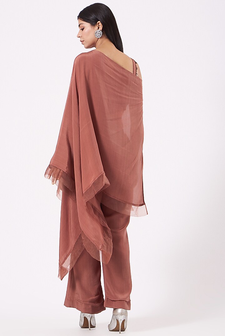 Nude Brown Crepe & Net Kaftan Set by Shruti Goyal at Pernia's Pop Up Shop