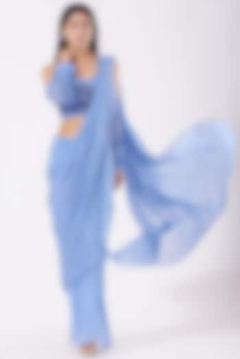 Powder Blue Georgette Draped Saree Set by Shruti Goyal