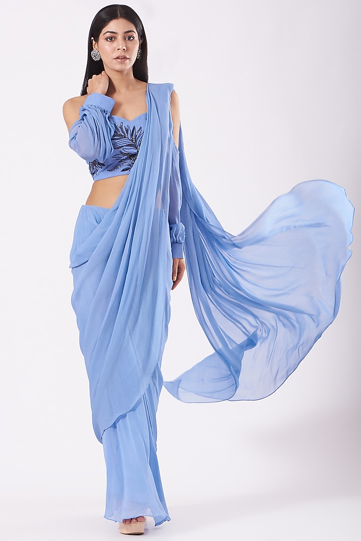 Powder Blue Georgette Draped Saree Set by Shruti Goyal