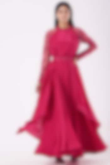 Hot Pink Hand Embroidered Gown With Belt by Shruti Goyal