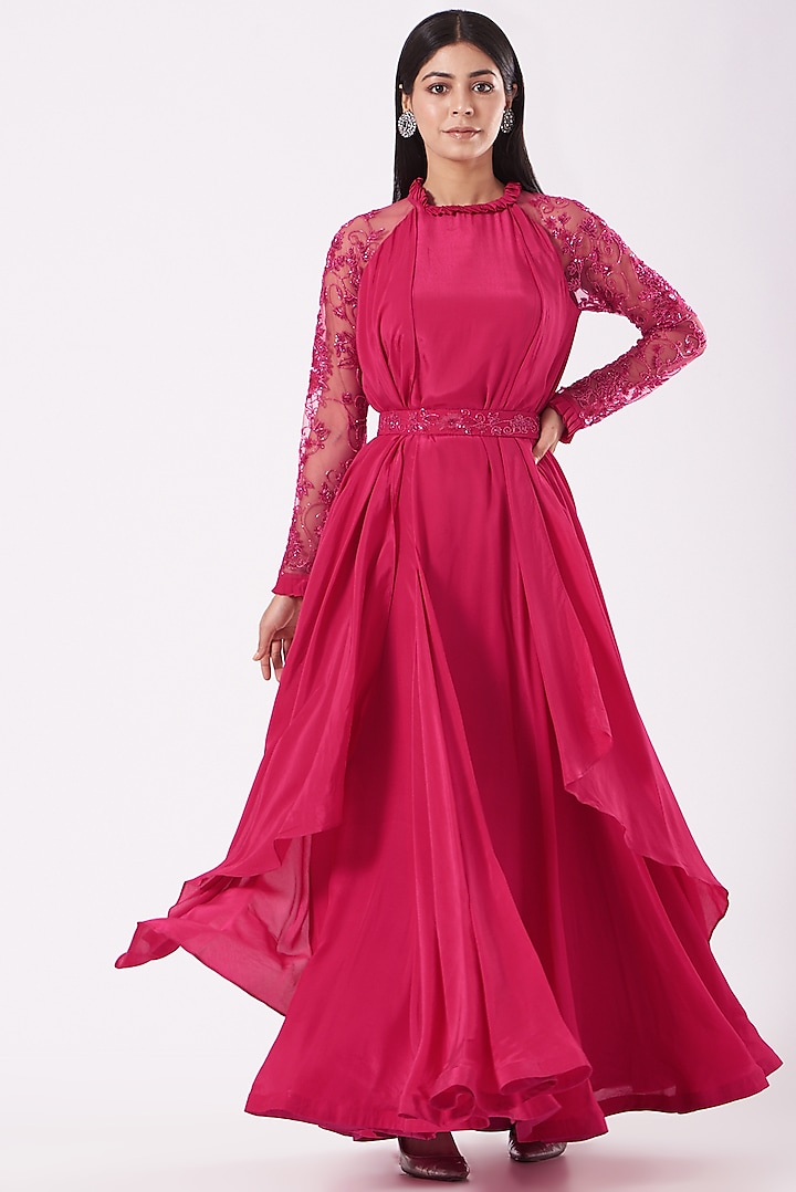 Hot Pink Hand Embroidered Gown With Belt by Shruti Goyal