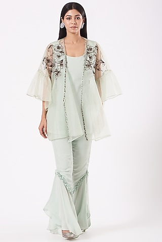 Pista Green Hand Embroidered Jacket Set by Shruti Goyal