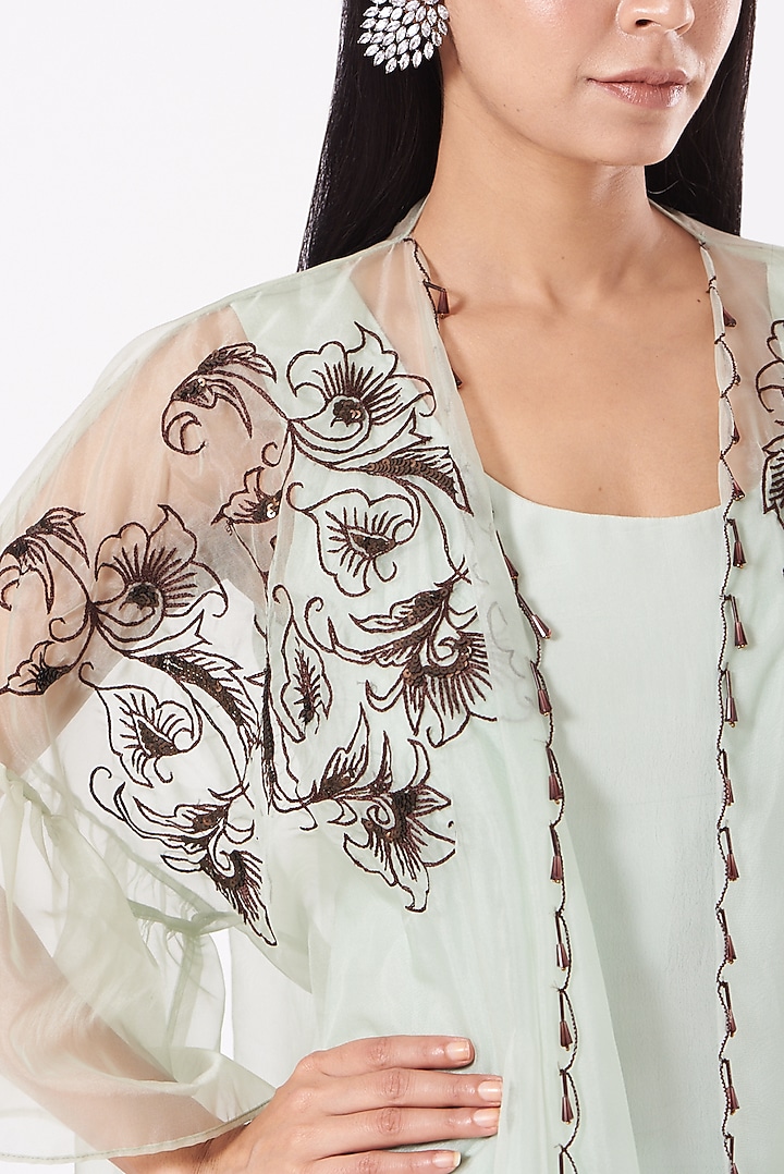 Pista Green Hand Embroidered Jacket Set by Shruti Goyal at Pernia's Pop Up Shop
