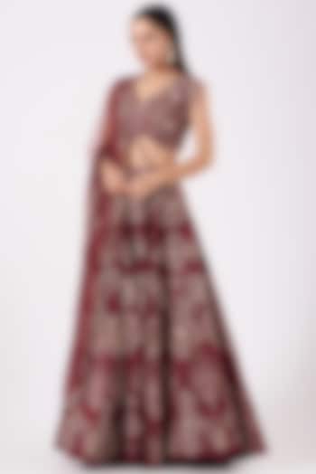 Cherry Red Hand Embroidered Wedding Lehenga Set by Shruti Goyal at Pernia's Pop Up Shop