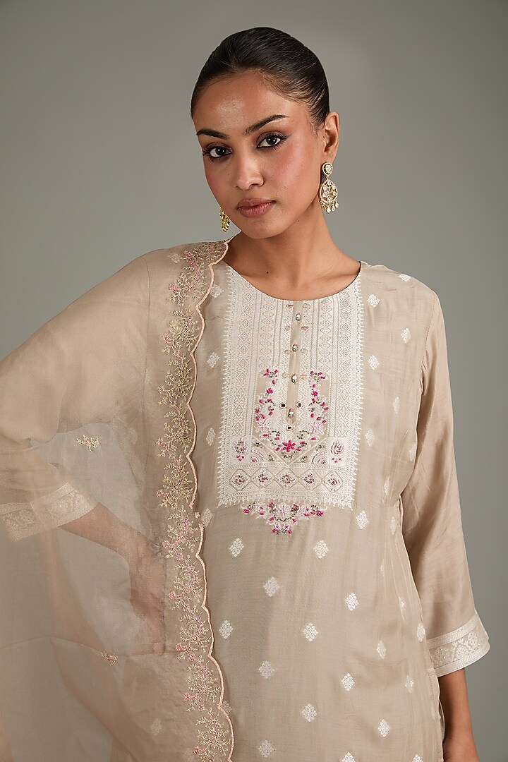 Grey Silk Aari Hand Embroidered Kurta Set by Shruti Goyal at Pernia's Pop Up Shop