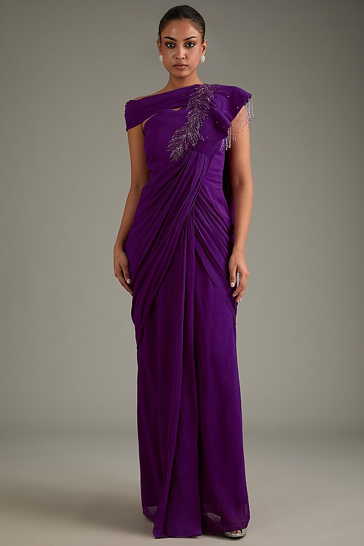 Violet Georgette Hand Embroidered Draped Saree by Shruti Goyal at Pernia's Pop Up Shop