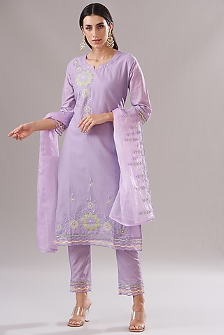 Lilac Cotton Embroidered Kurta Set by Shruti Goyal