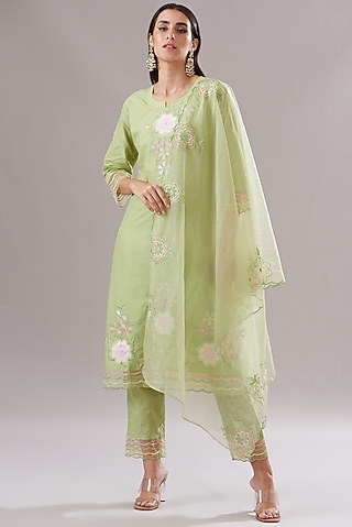 Pista Green Cotton Embroidered Kurta Set by Shruti Goyal