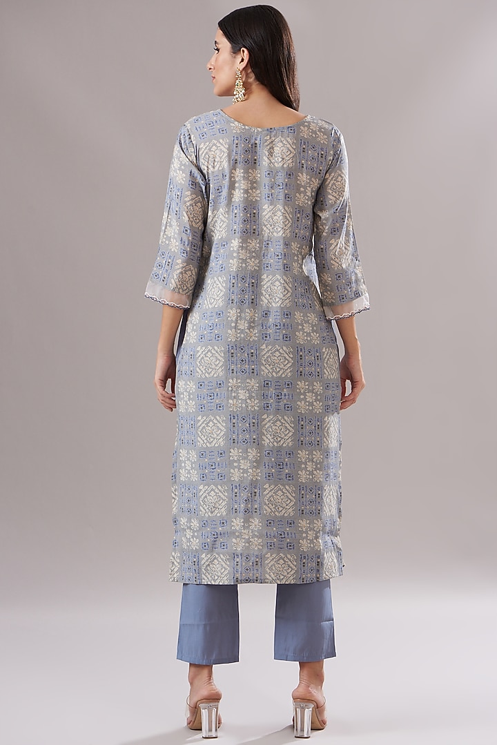 Grey Muslin Printed & Embroidered Anarkali Set by Shruti Goyal at Pernia's Pop Up Shop