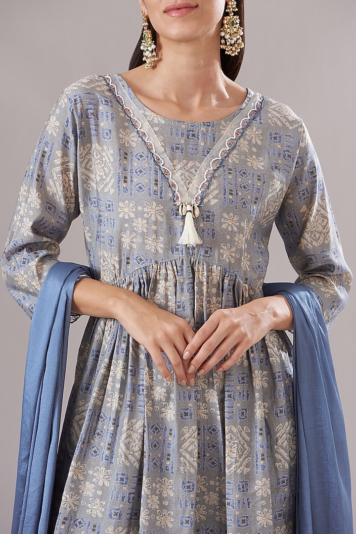 Grey Muslin Printed & Embroidered Anarkali Set by Shruti Goyal at Pernia's Pop Up Shop
