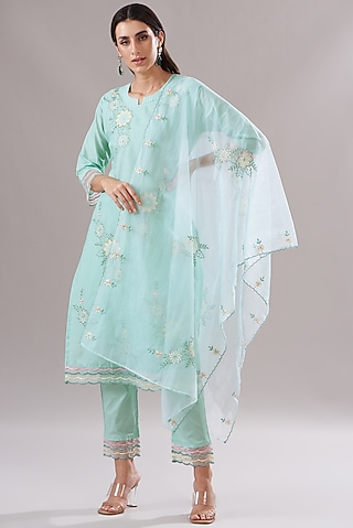 Sea Green Cotton Embroidered Kurta Set by Shruti Goyal