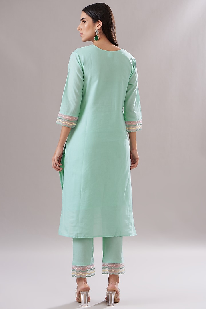Sea Green Cotton Embroidered Kurta Set by Shruti Goyal at Pernia's Pop Up Shop