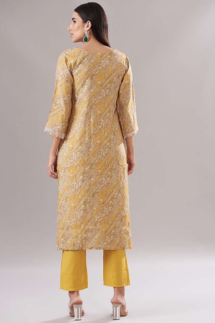 Mustard Muslin Printed & Embroidered Anarkali Set by Shruti Goyal at Pernia's Pop Up Shop