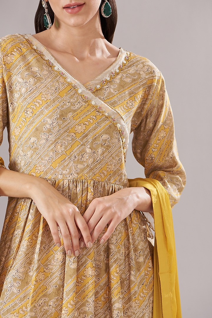Mustard Muslin Printed & Embroidered Anarkali Set by Shruti Goyal at Pernia's Pop Up Shop