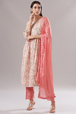 Peach Muslin Printed & Embroidered Anarkali Set by Shruti Goyal