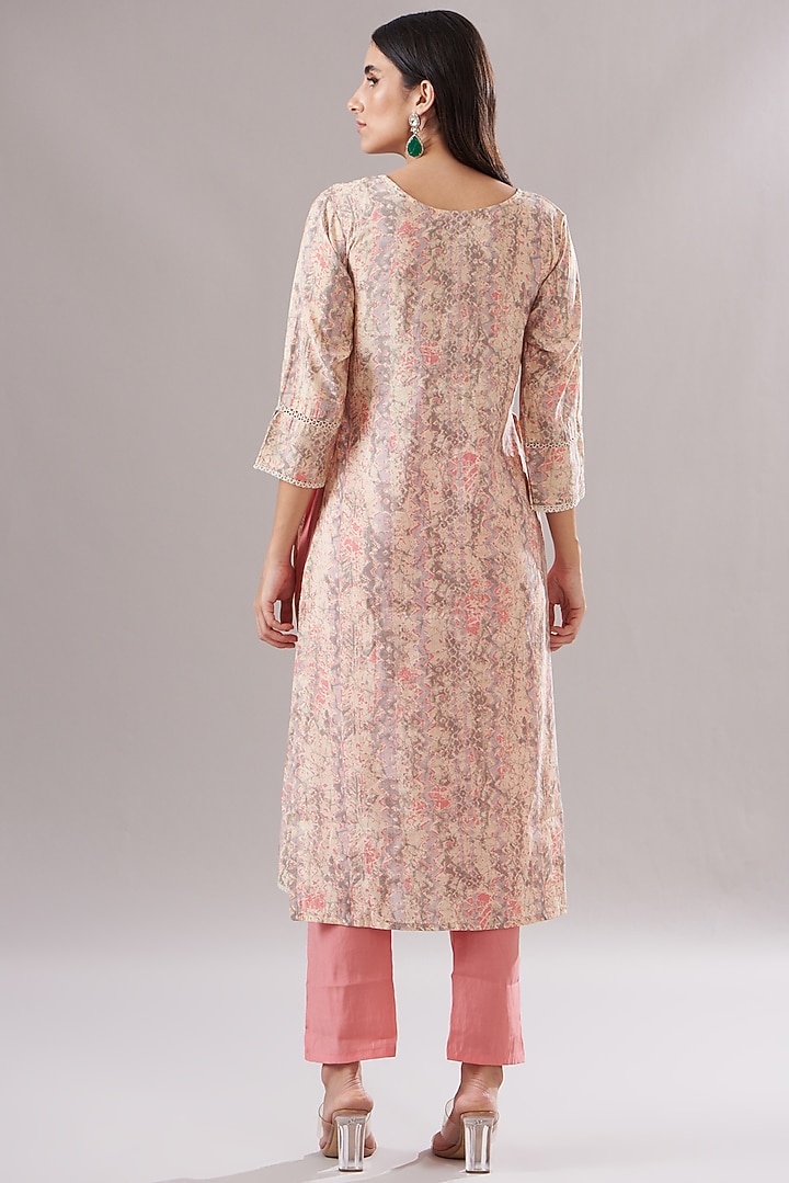 Peach Muslin Printed & Embroidered Anarkali Set by Shruti Goyal at Pernia's Pop Up Shop
