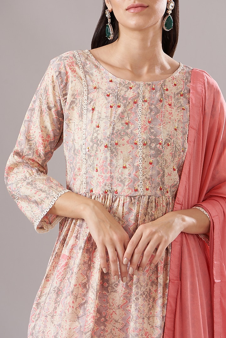 Peach Muslin Printed & Embroidered Anarkali Set by Shruti Goyal at Pernia's Pop Up Shop