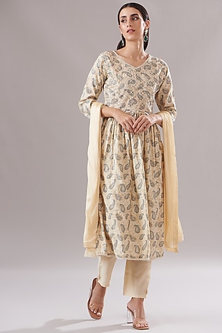 Cream Muslin Printed & Embroidered Anarkali Set by Shruti Goyal