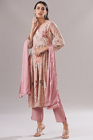 Dusty Pink Muslin Printed & Embroidered Anarkali Set by Shruti Goyal