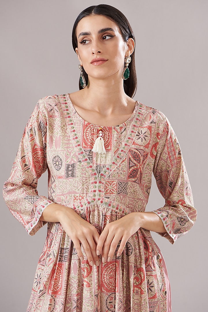 Dusty Pink Muslin Printed & Embroidered Anarkali Set by Shruti Goyal at Pernia's Pop Up Shop