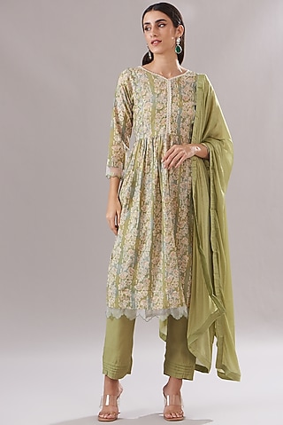 Olive Green Muslin Printed & Embroidered Anarkali Set by Shruti Goyal