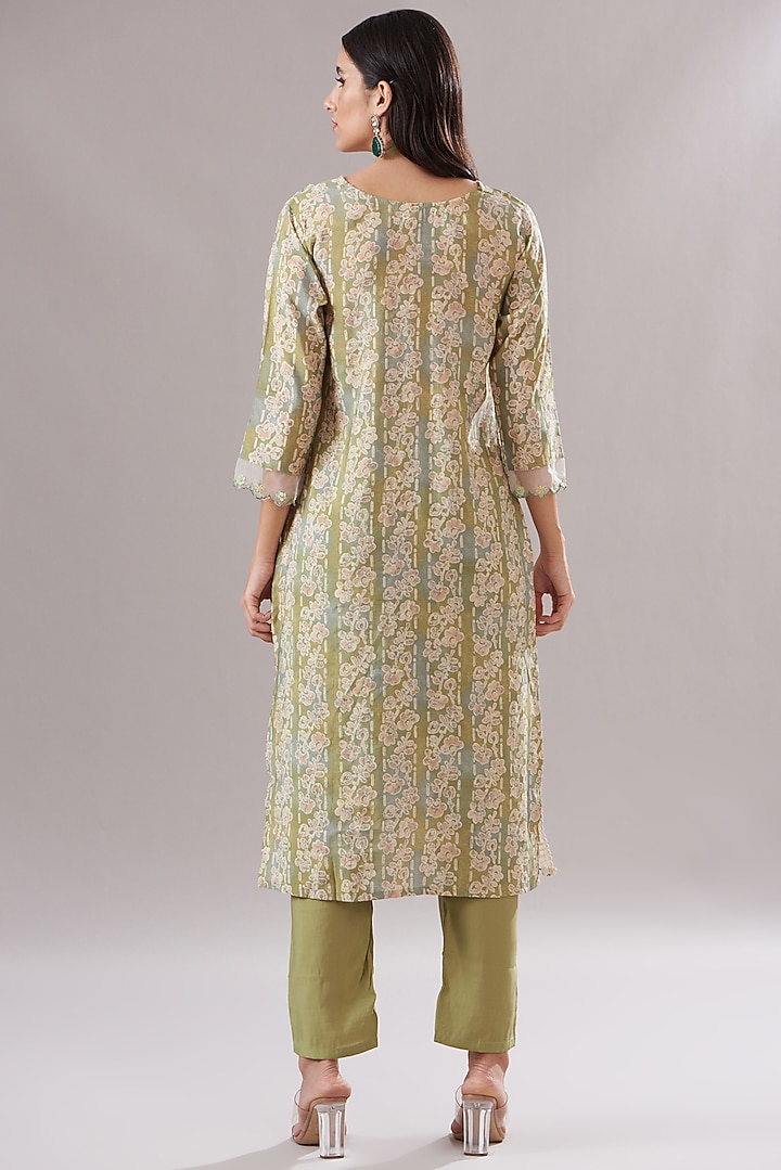 Olive Green Muslin Printed & Embroidered Anarkali Set by Shruti Goyal at Pernia's Pop Up Shop