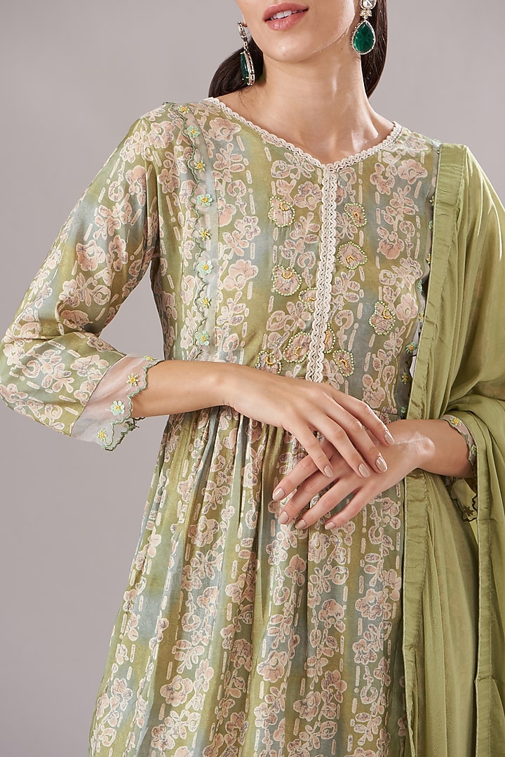 Olive Green Muslin Printed & Embroidered Anarkali Set by Shruti Goyal at Pernia's Pop Up Shop