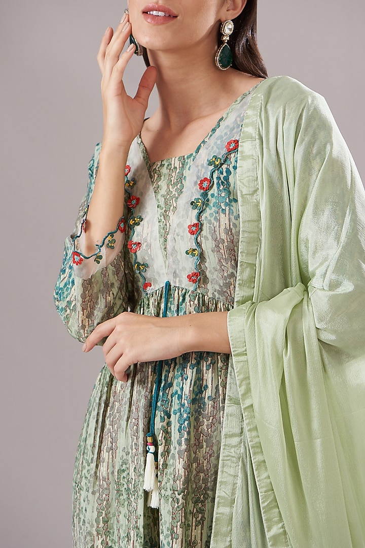 Forest Green Muslin Printed & Embroidered Anarkali Set by Shruti Goyal at Pernia's Pop Up Shop
