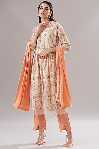Coral Muslin Printed & Embroidered Anarkali Set by Shruti Goyal